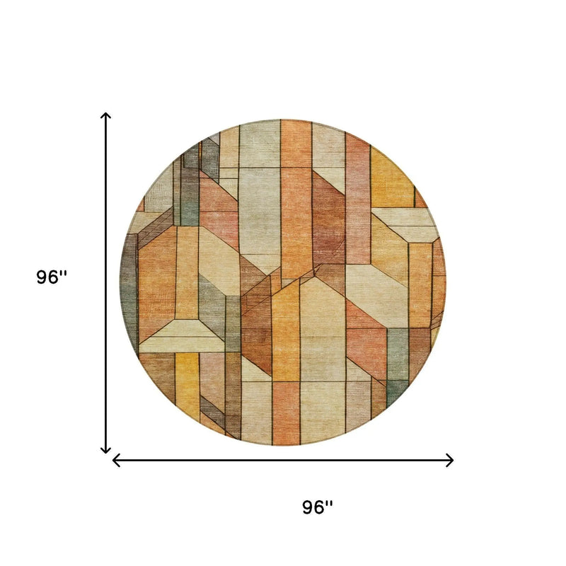 8' Orange And Copper Round Geometric Washable Indoor Outdoor Area Rug Homeroots Outdoor