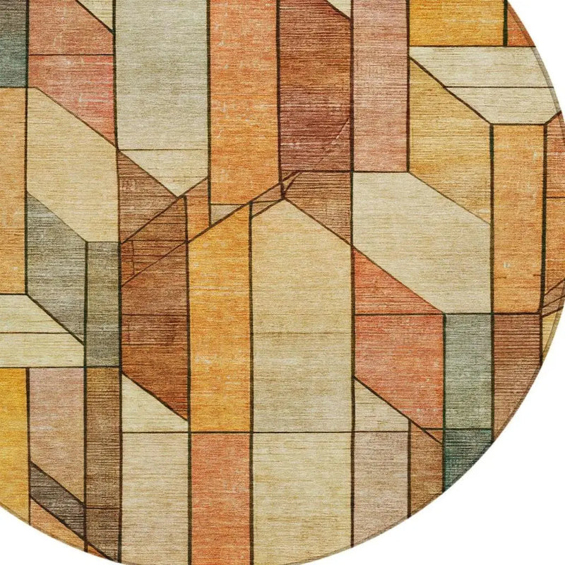 8' Orange And Copper Round Geometric Washable Indoor Outdoor Area Rug Homeroots Outdoor