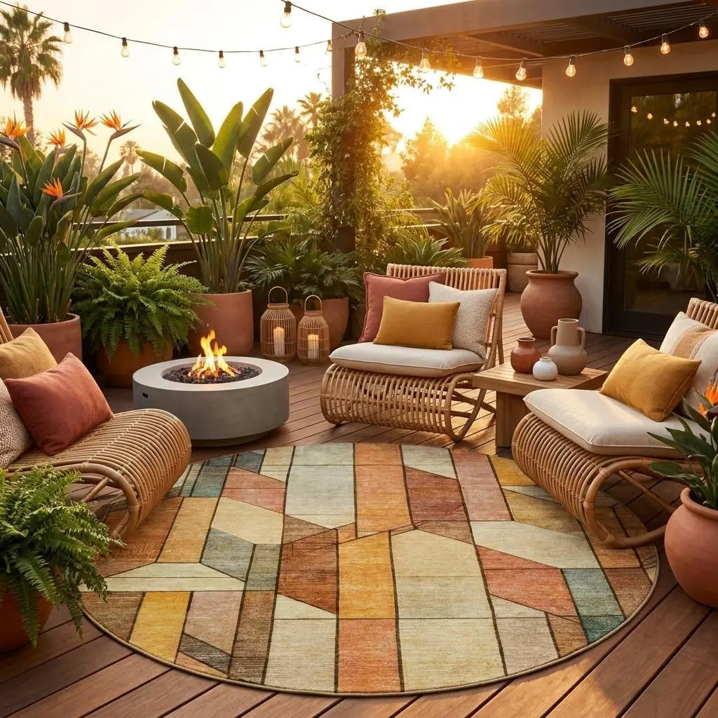 8' Orange And Copper Round Geometric Washable Indoor Outdoor Area Rug Homeroots Outdoor