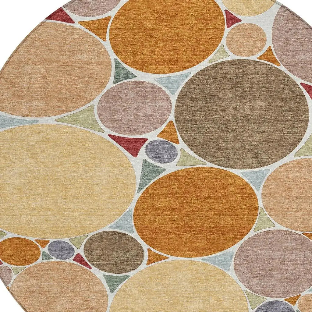 8' Orange And Copper Round Geometric Washable Indoor Outdoor Area Rug Homeroots Outdoor