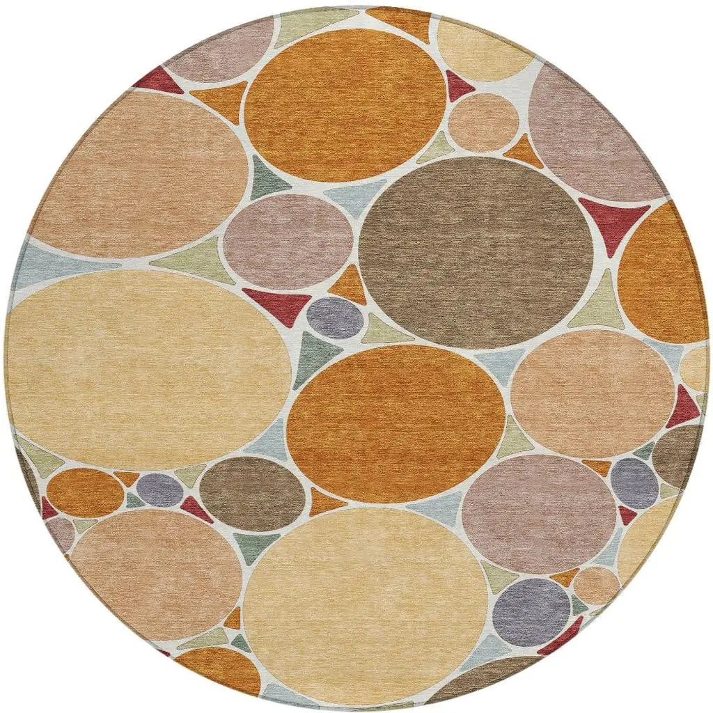 8' Orange And Copper Round Geometric Washable Indoor Outdoor Area Rug Homeroots Outdoor