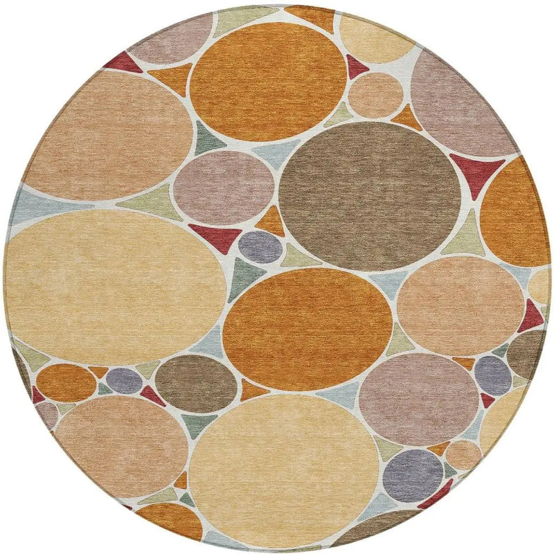 8' Orange And Copper Round Geometric Washable Indoor Outdoor Area Rug Homeroots Outdoor