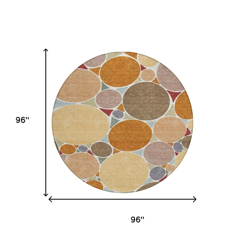 8' Orange And Copper Round Geometric Washable Indoor Outdoor Area Rug Homeroots Outdoor
