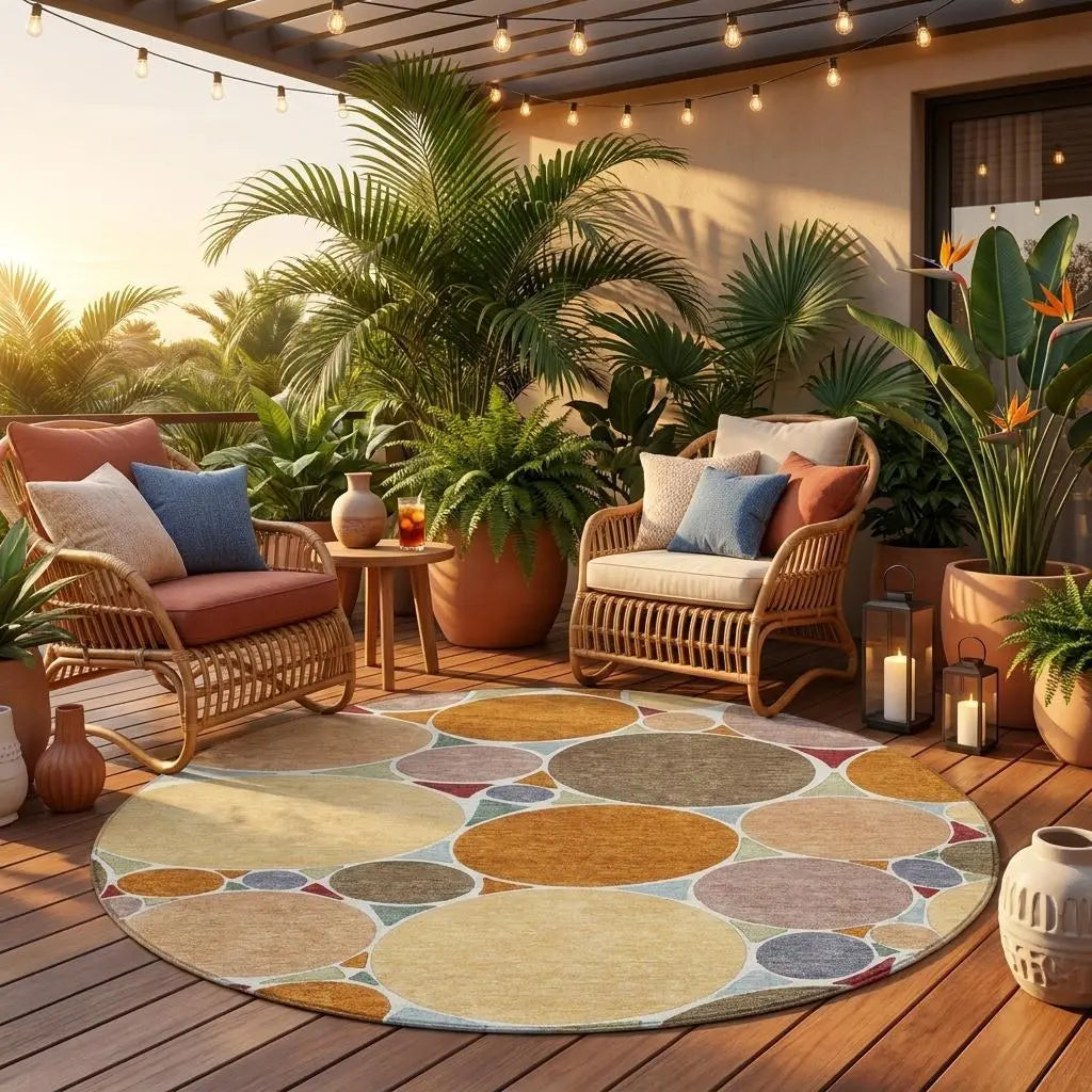 8' Orange And Copper Round Geometric Washable Indoor Outdoor Area Rug Homeroots Outdoor