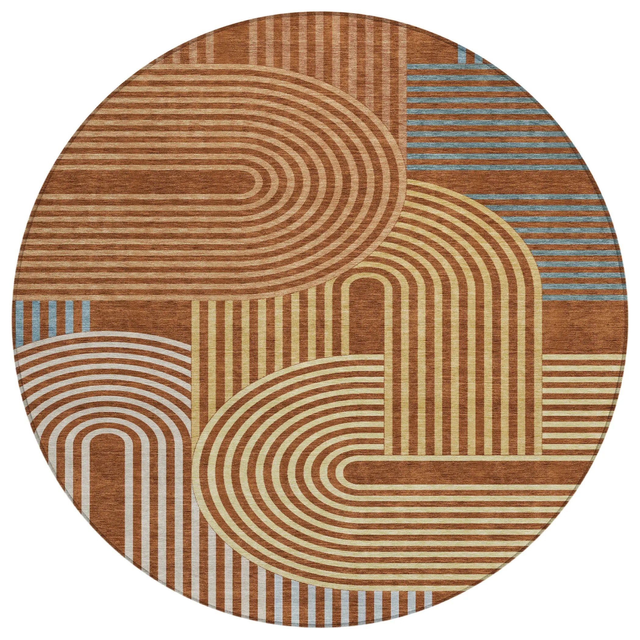 8' Orange And Copper Round Geometric Washable Indoor Outdoor Area Rug Homeroots Outdoor