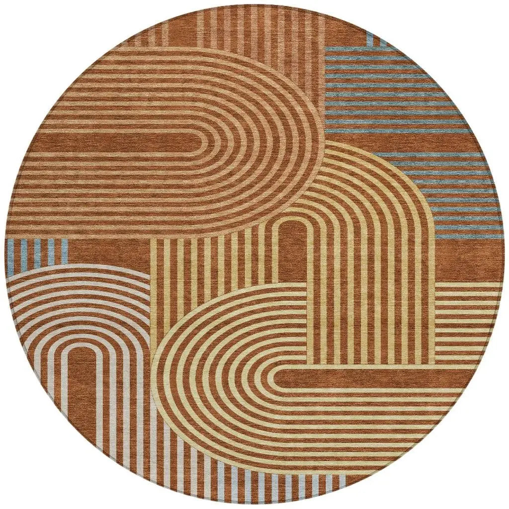 8' Orange And Copper Round Geometric Washable Indoor Outdoor Area Rug Homeroots Outdoor