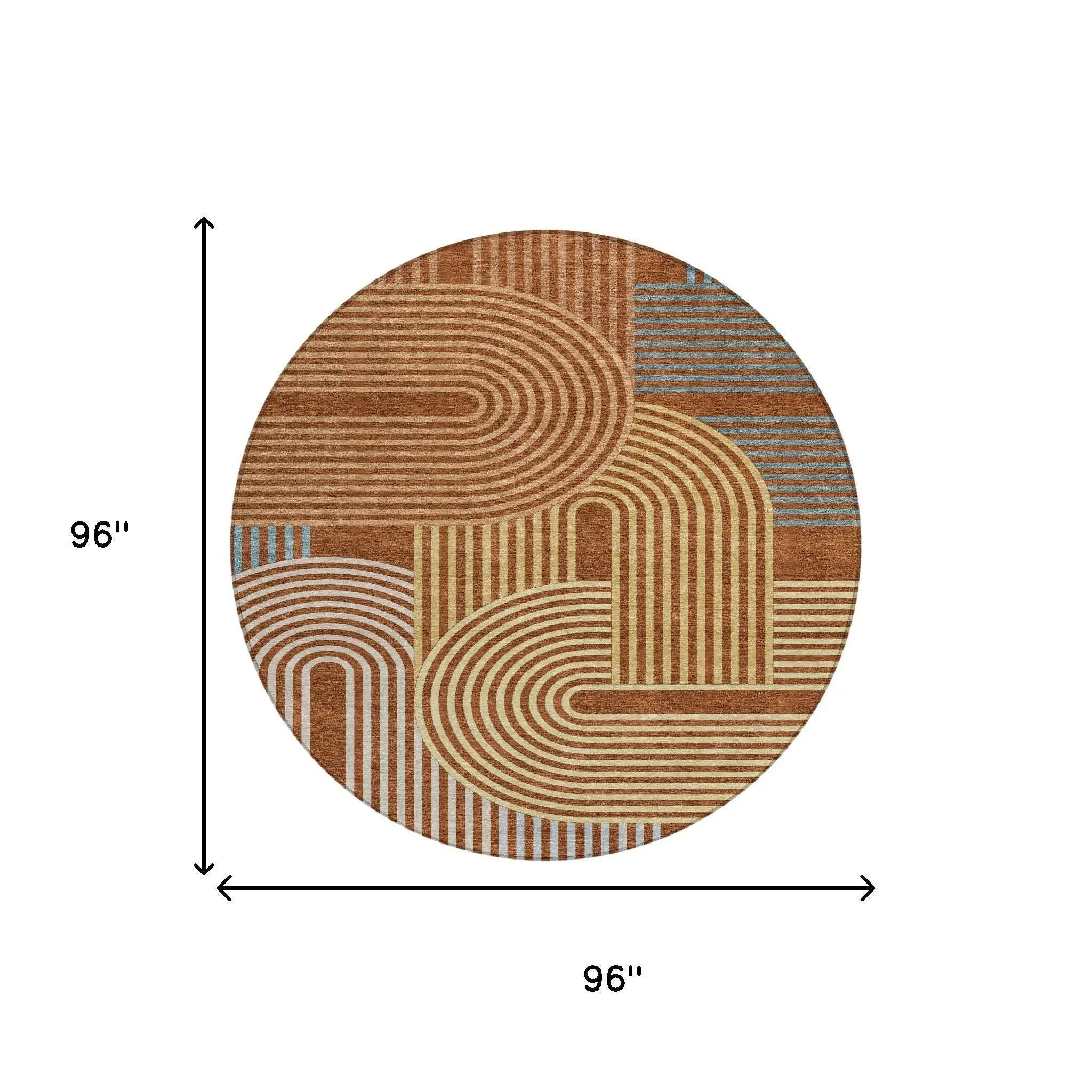 8' Orange And Copper Round Geometric Washable Indoor Outdoor Area Rug Homeroots Outdoor
