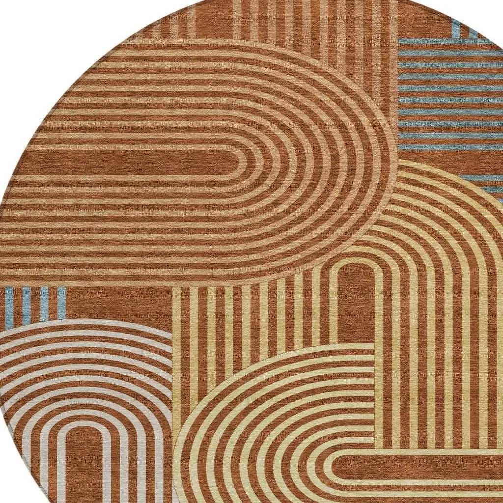 8' Orange And Copper Round Geometric Washable Indoor Outdoor Area Rug Homeroots Outdoor