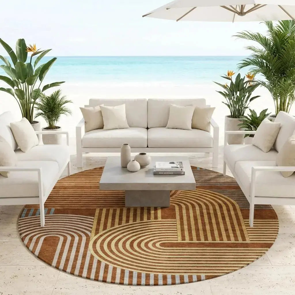 8' Orange And Copper Round Geometric Washable Indoor Outdoor Area Rug Homeroots Outdoor