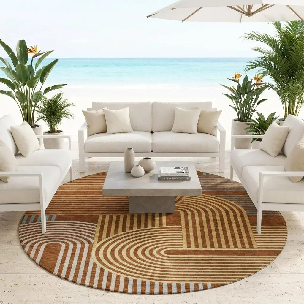 8' Orange And Copper Round Geometric Washable Indoor Outdoor Area Rug Homeroots Outdoor