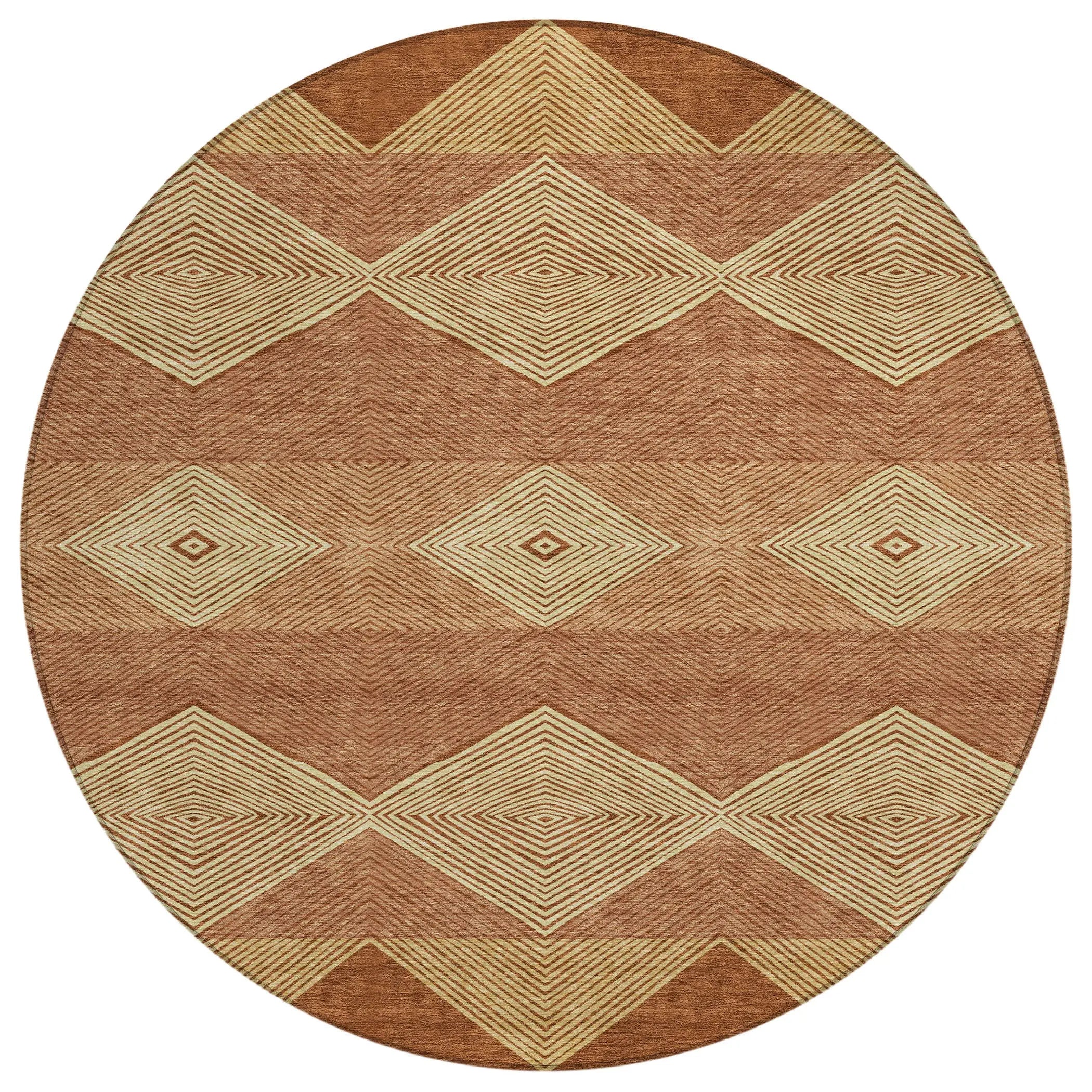 Round geometric area rug in warm terracotta and cream, featuring intricate diamond patterns in natural fibers.