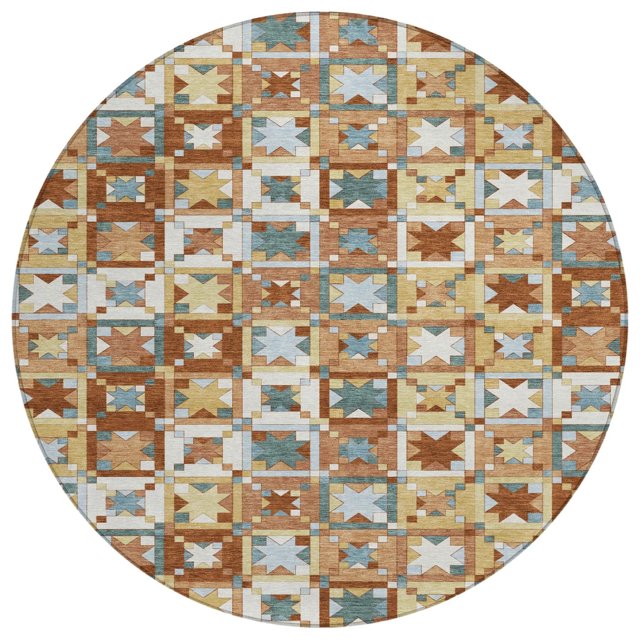 8' Orange And Copper Round Patchwork Washable Indoor Outdoor Area Rug Homeroots Outdoor