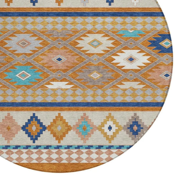 8' Orange And Copper Round Southwestern Washable Indoor Outdoor Area Rug Homeroots Outdoor