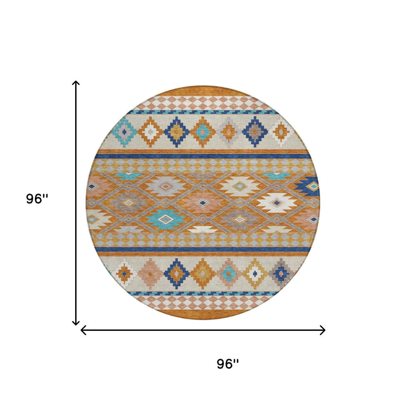 8' Orange And Copper Round Southwestern Washable Indoor Outdoor Area Rug Homeroots Outdoor