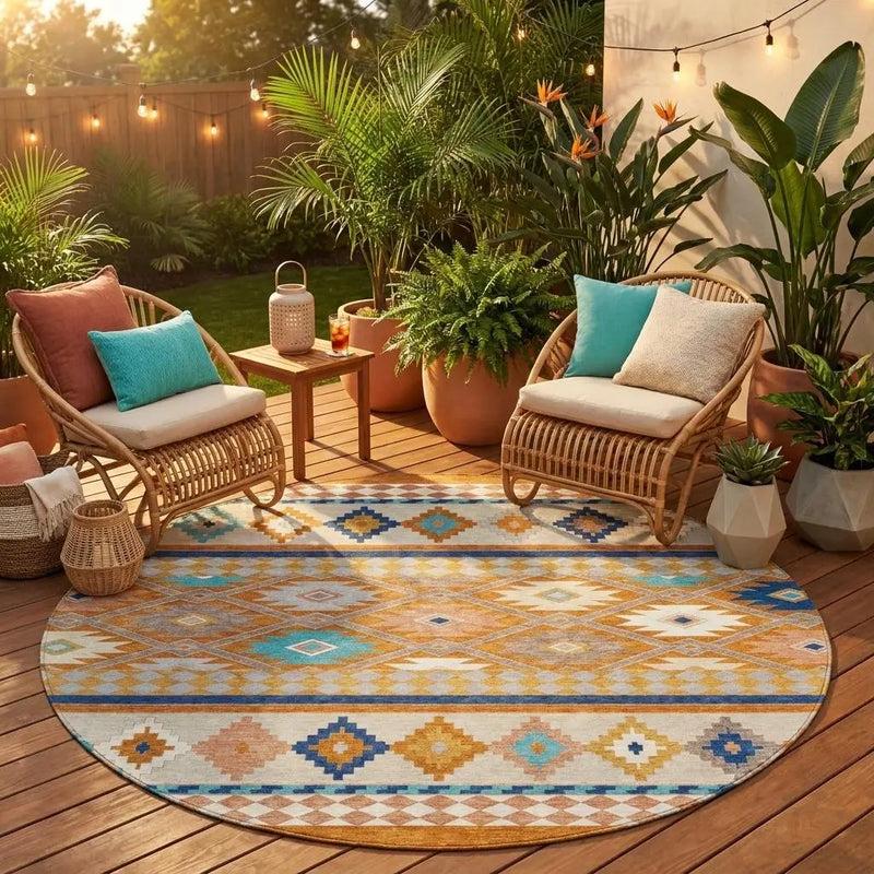 8' Orange And Copper Round Southwestern Washable Indoor Outdoor Area Rug Homeroots Outdoor