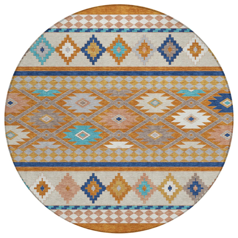 8' Orange And Copper Round Southwestern Washable Indoor Outdoor Area Rug Homeroots Outdoor