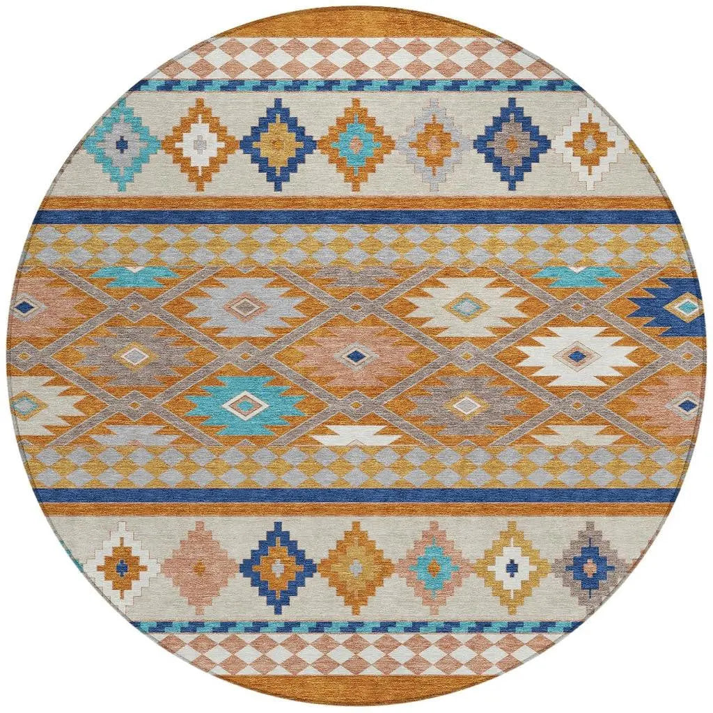 8' Orange And Copper Round Southwestern Washable Indoor Outdoor Area Rug Homeroots Outdoor