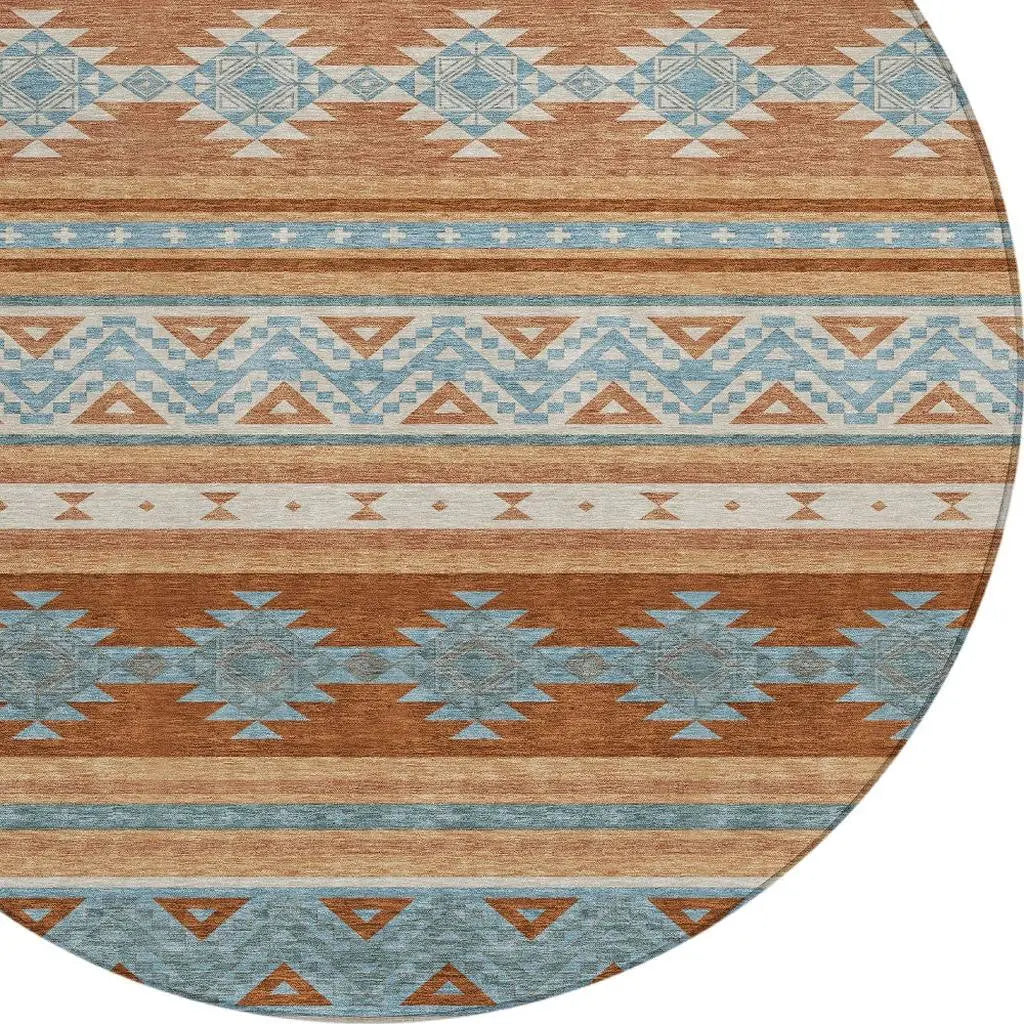 8' Orange And Copper Round Southwestern Washable Indoor Outdoor Area Rug Homeroots Outdoor