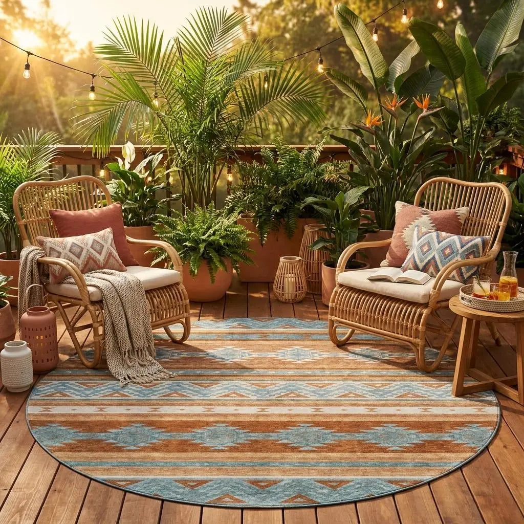 8' Orange And Copper Round Southwestern Washable Indoor Outdoor Area Rug Homeroots Outdoor