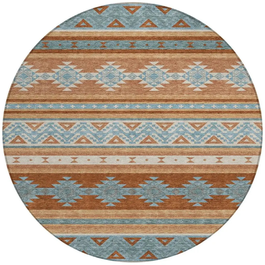 8' Orange And Copper Round Southwestern Washable Indoor Outdoor Area Rug Homeroots Outdoor