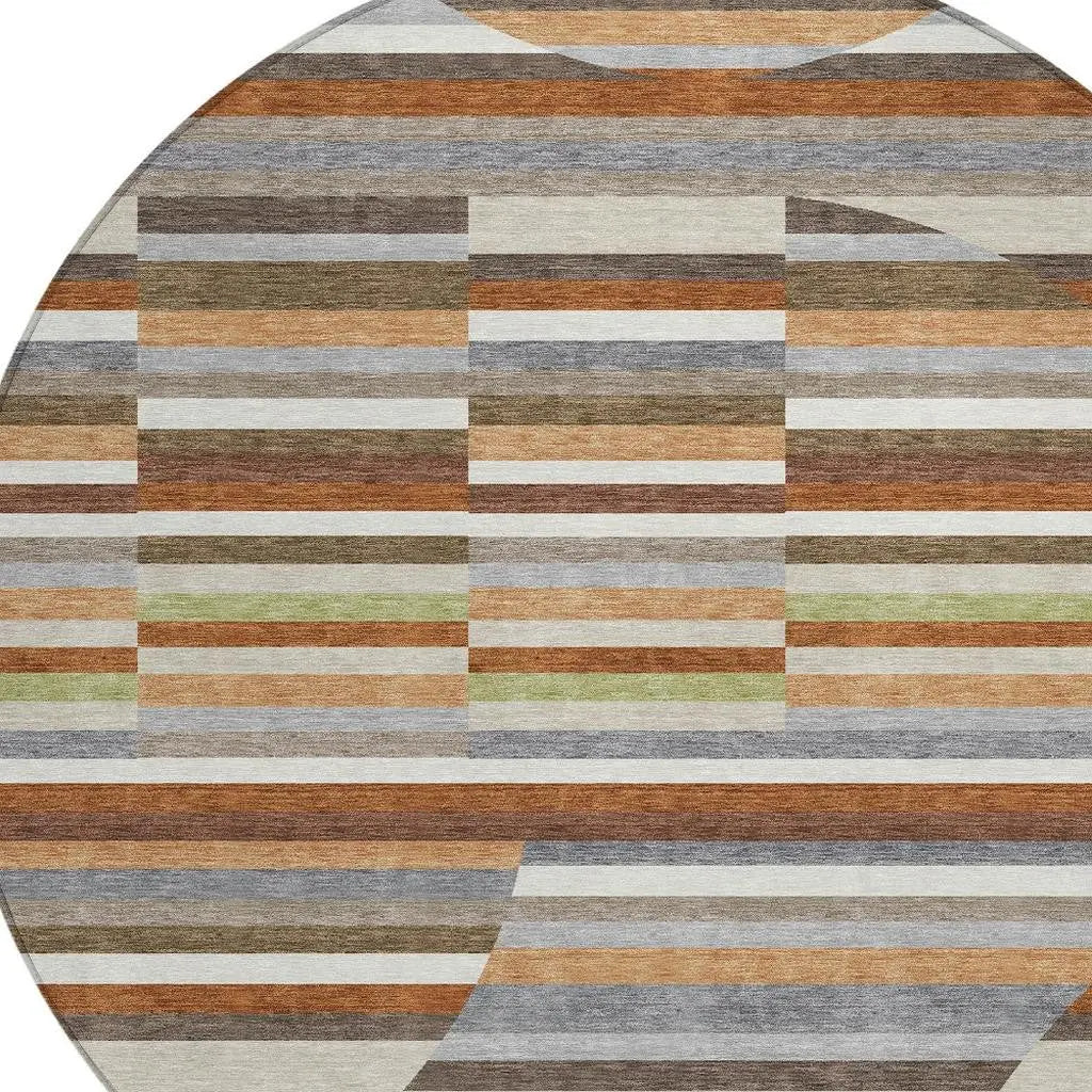 8' Orange And Copper Round Striped Washable Indoor Outdoor Area Rug Homeroots Outdoor