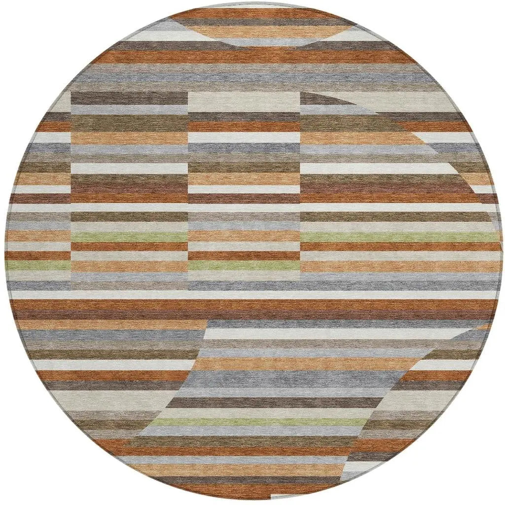 8' Orange And Copper Round Striped Washable Indoor Outdoor Area Rug Homeroots Outdoor