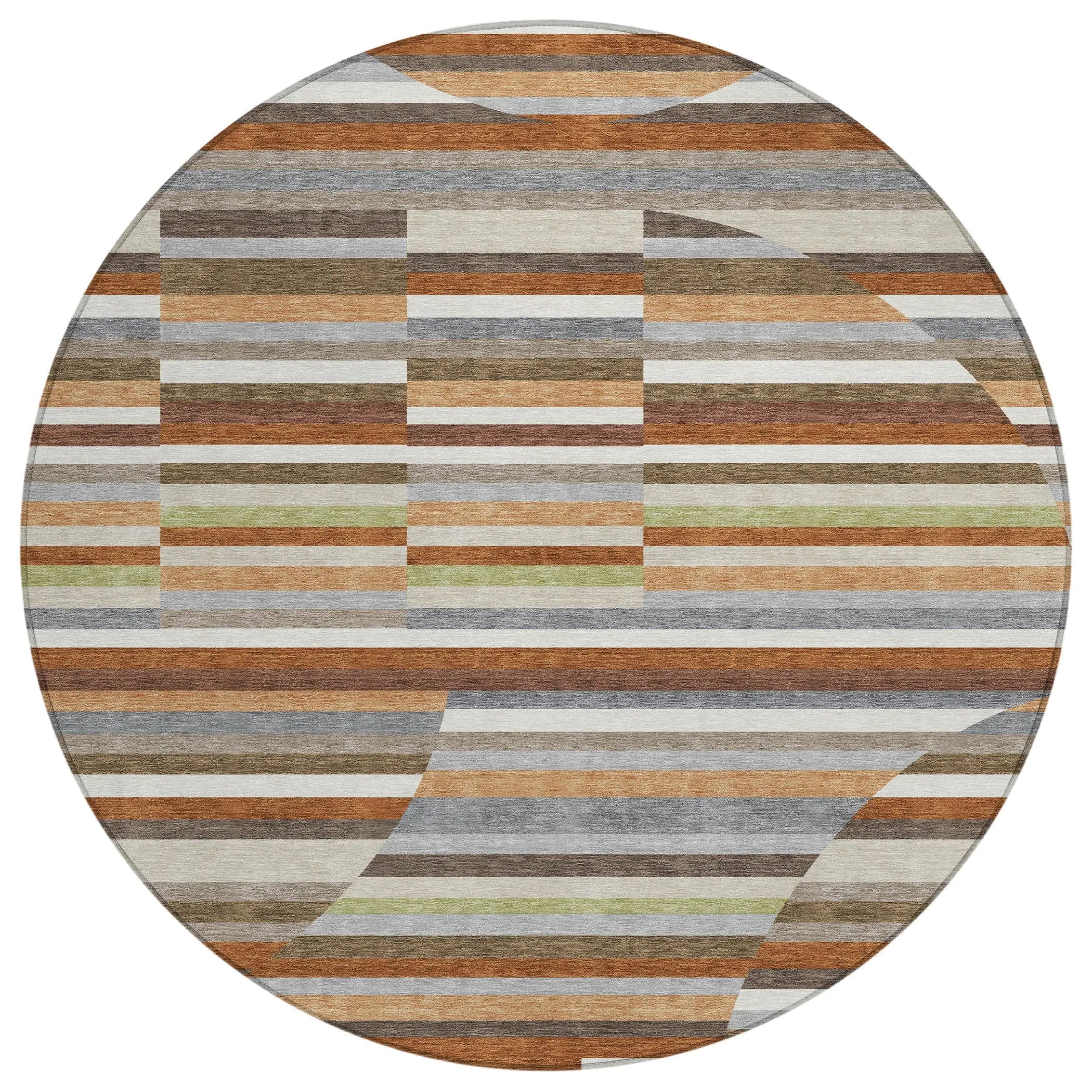 8' Orange And Copper Round Striped Washable Indoor Outdoor Area Rug Homeroots Outdoor