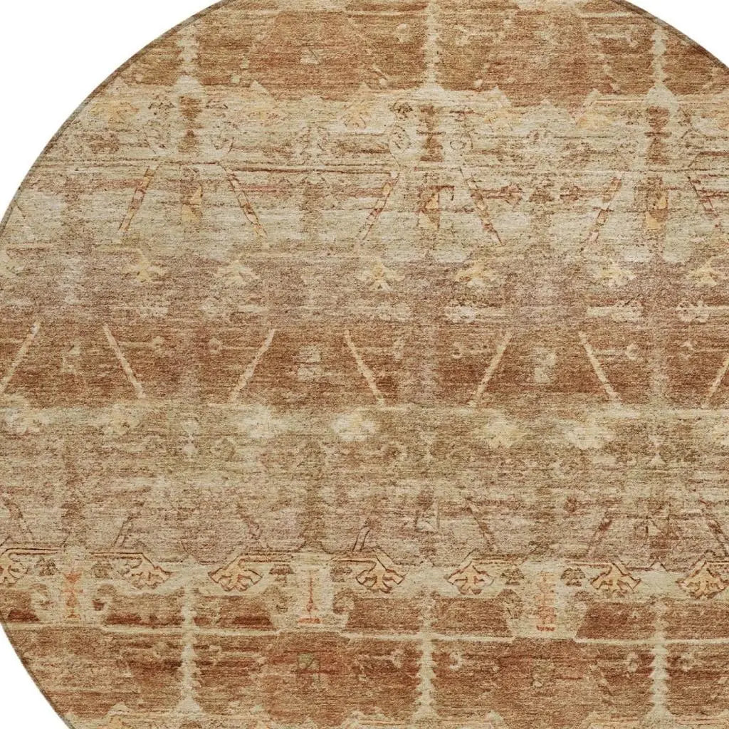 8' Orange And Copper Round Tribal Washable Indoor Outdoor Area Rug Homeroots Outdoor