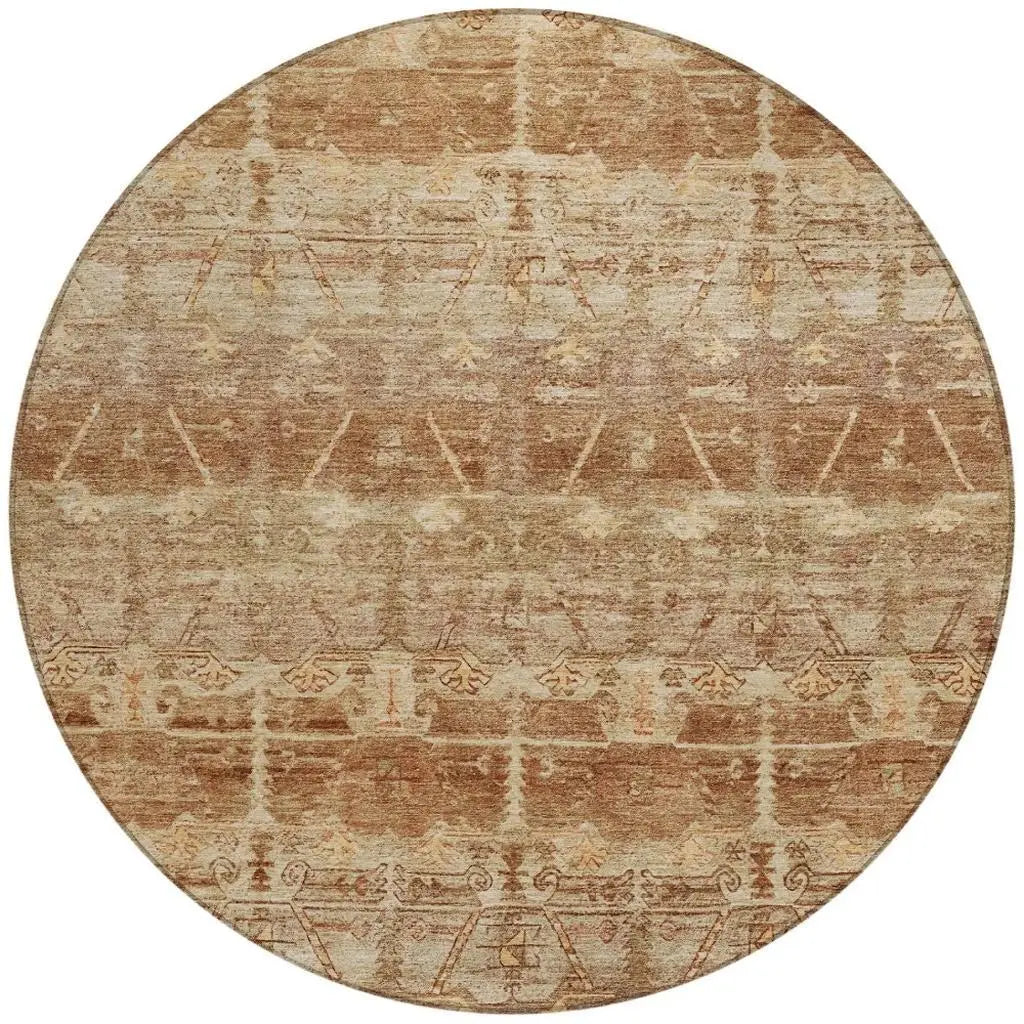 8' Orange And Copper Round Tribal Washable Indoor Outdoor Area Rug Homeroots Outdoor