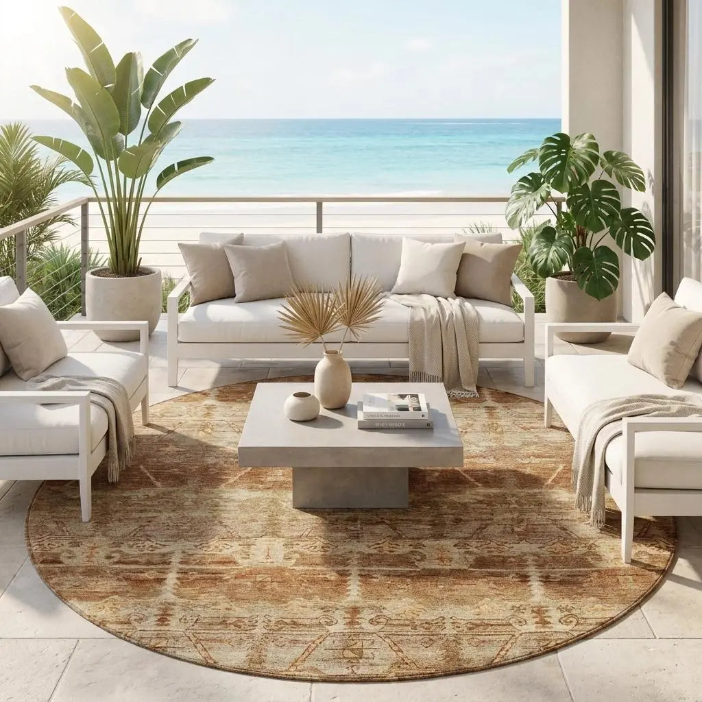8' Orange And Copper Round Tribal Washable Indoor Outdoor Area Rug Homeroots Outdoor