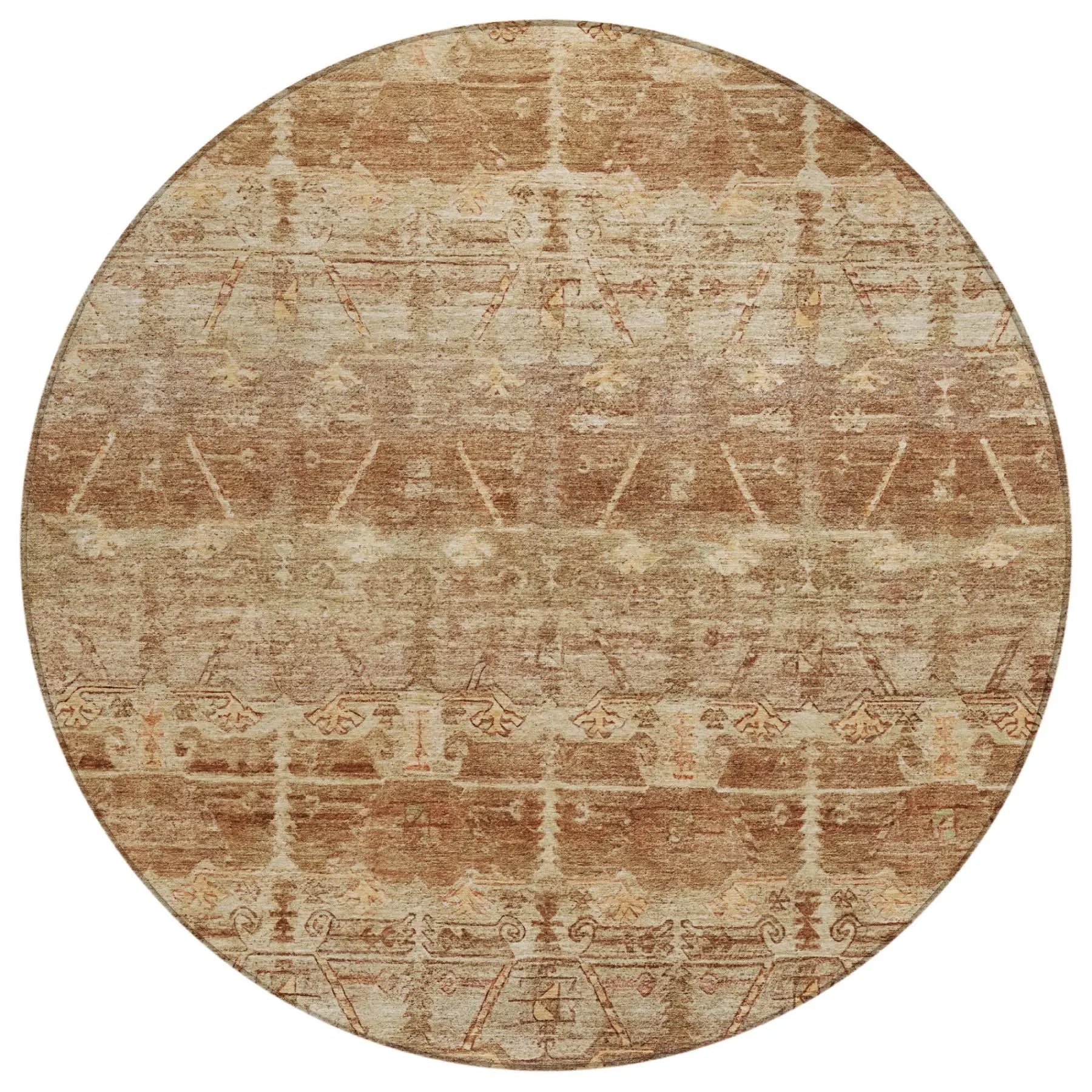 8' Orange And Copper Round Tribal Washable Indoor Outdoor Area Rug Homeroots Outdoor
