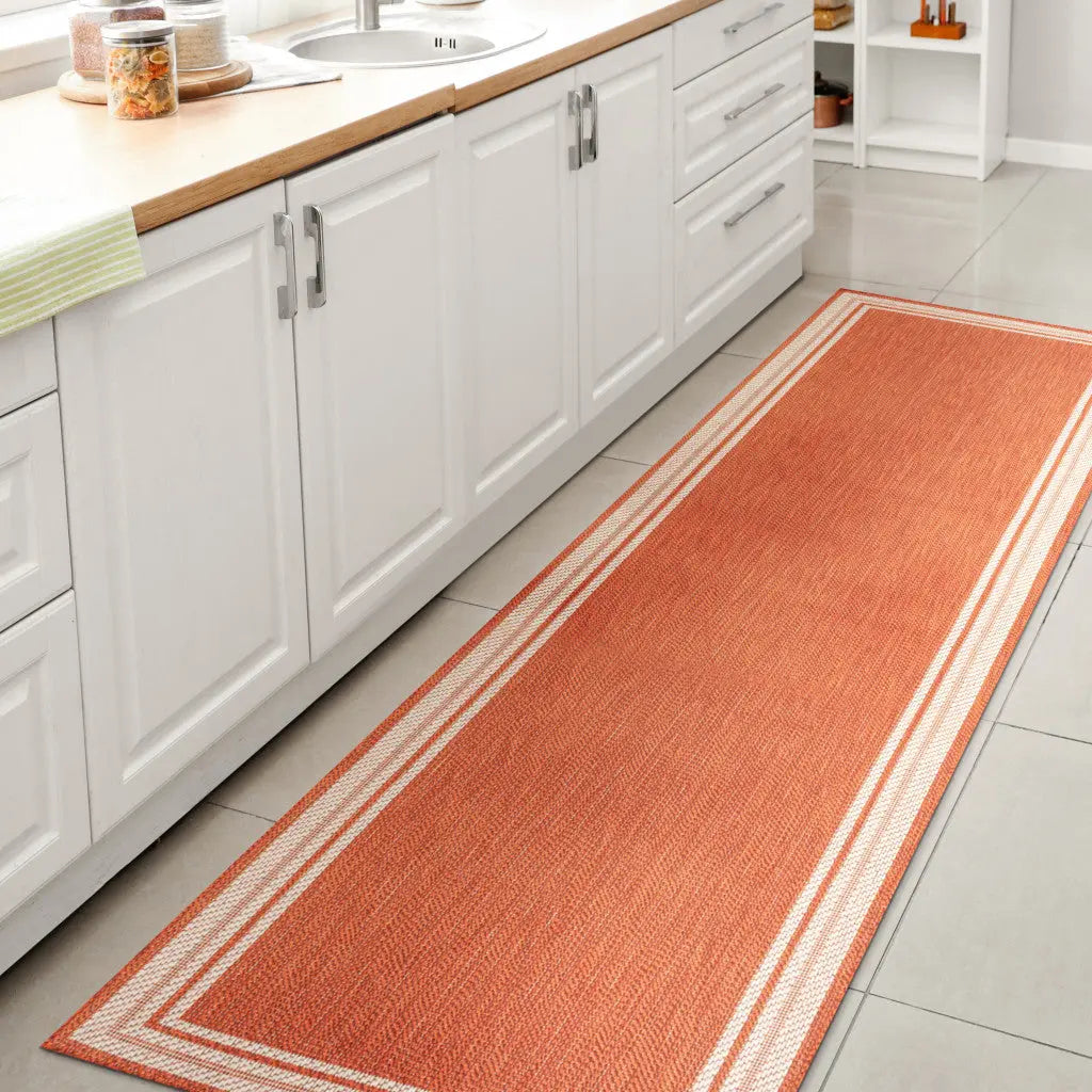 8' Orange And Cream Indoor Outdoor Runner Rug Homeroots Outdoor