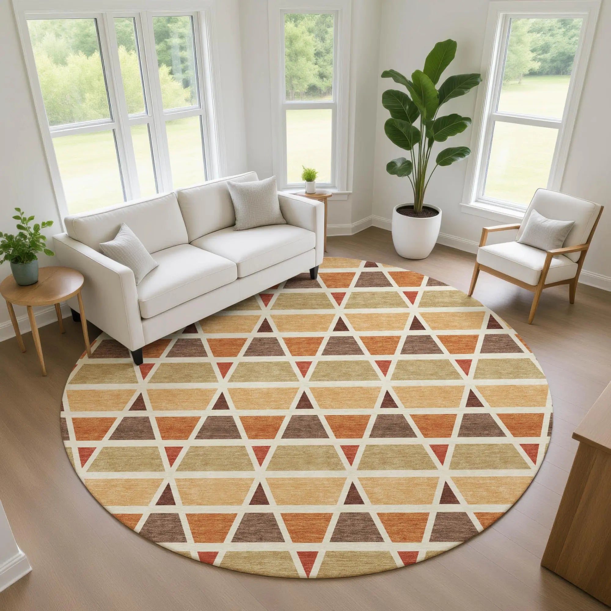 8' Orange And Cream Round Geometric Washable Indoor Outdoor Area Rug Homeroots Outdoor