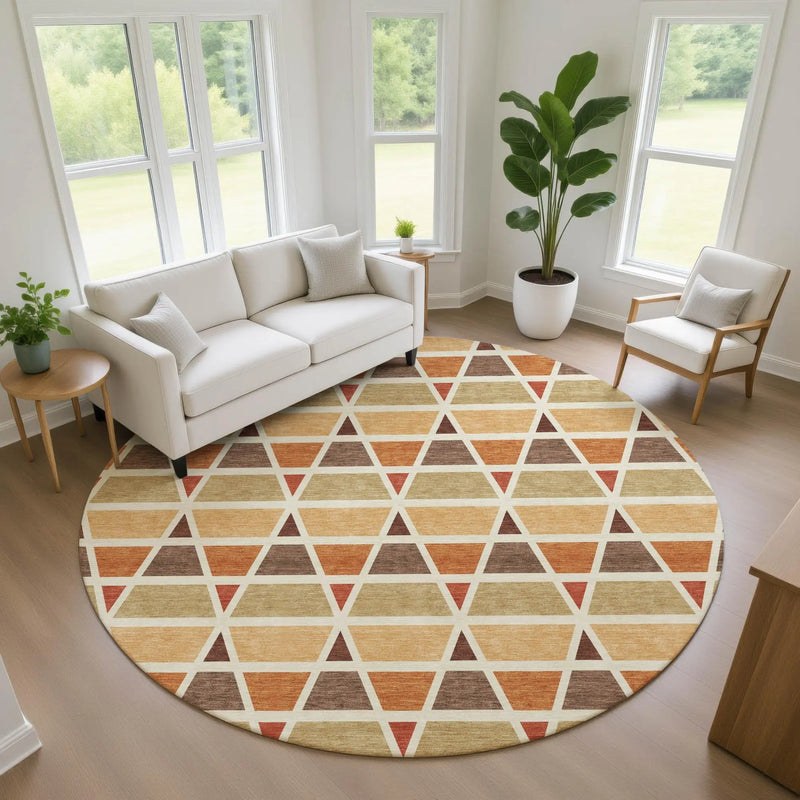 8' Orange And Cream Round Geometric Washable Indoor Outdoor Area Rug Homeroots Outdoor
