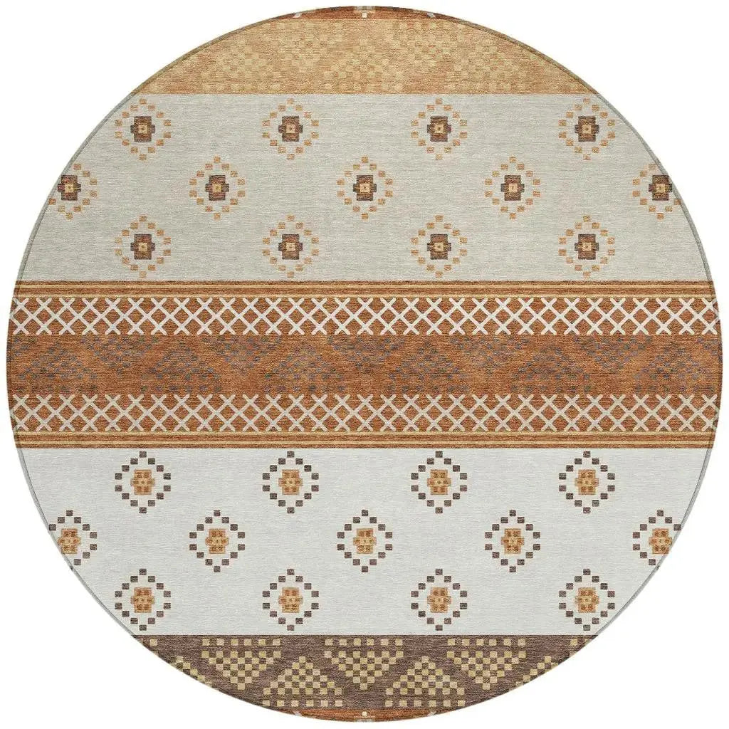 8' Orange And Denim Blue Round Striped Washable Indoor Outdoor Area Rug Homeroots Outdoor