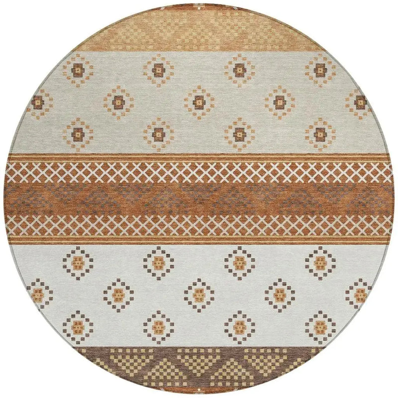 8' Orange And Denim Blue Round Striped Washable Indoor Outdoor Area Rug Homeroots Outdoor