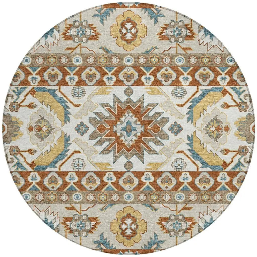 8' Orange And Gold Round Cactus Washable Indoor Outdoor Area Rug Homeroots Outdoor