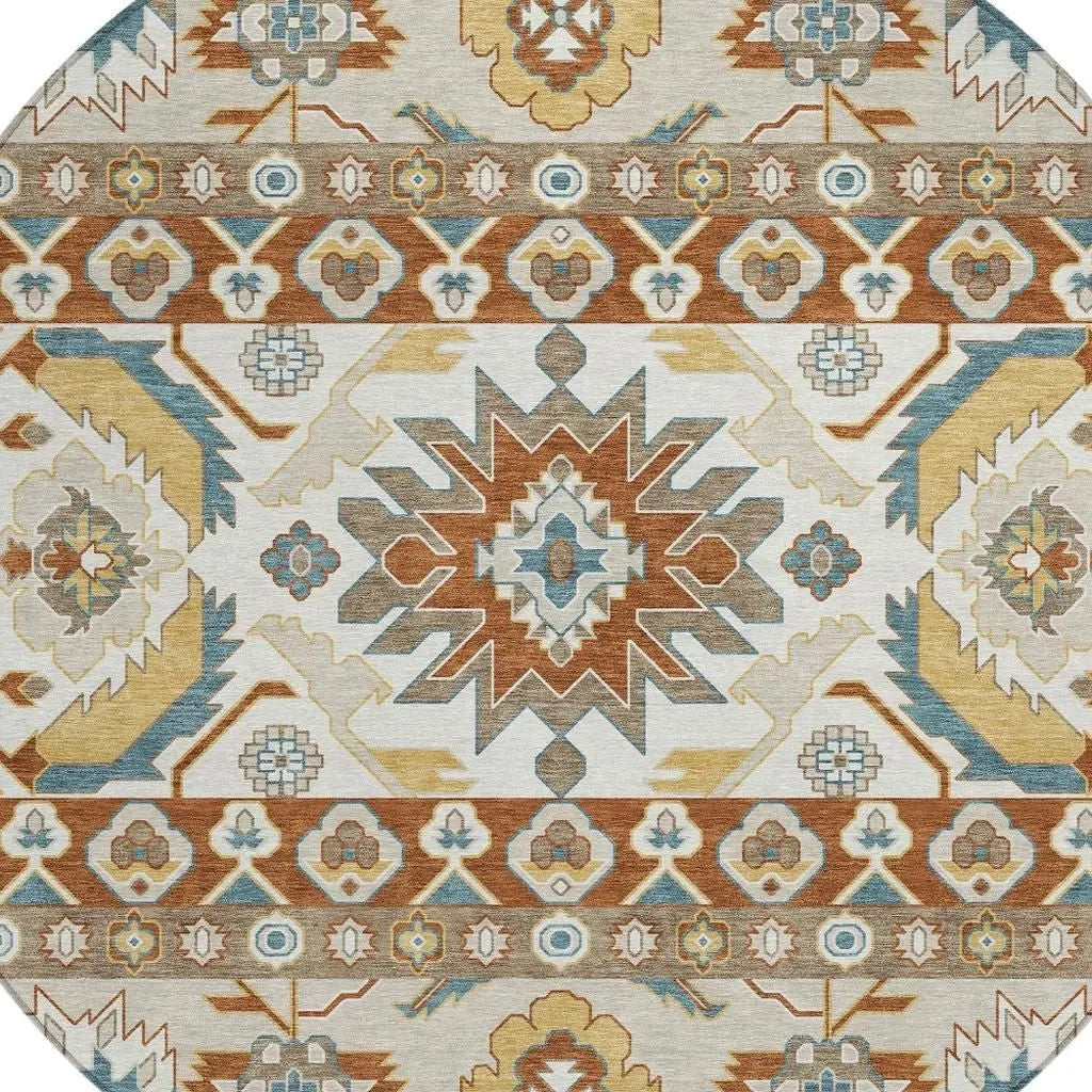 8' Orange And Gold Round Cactus Washable Indoor Outdoor Area Rug Homeroots Outdoor