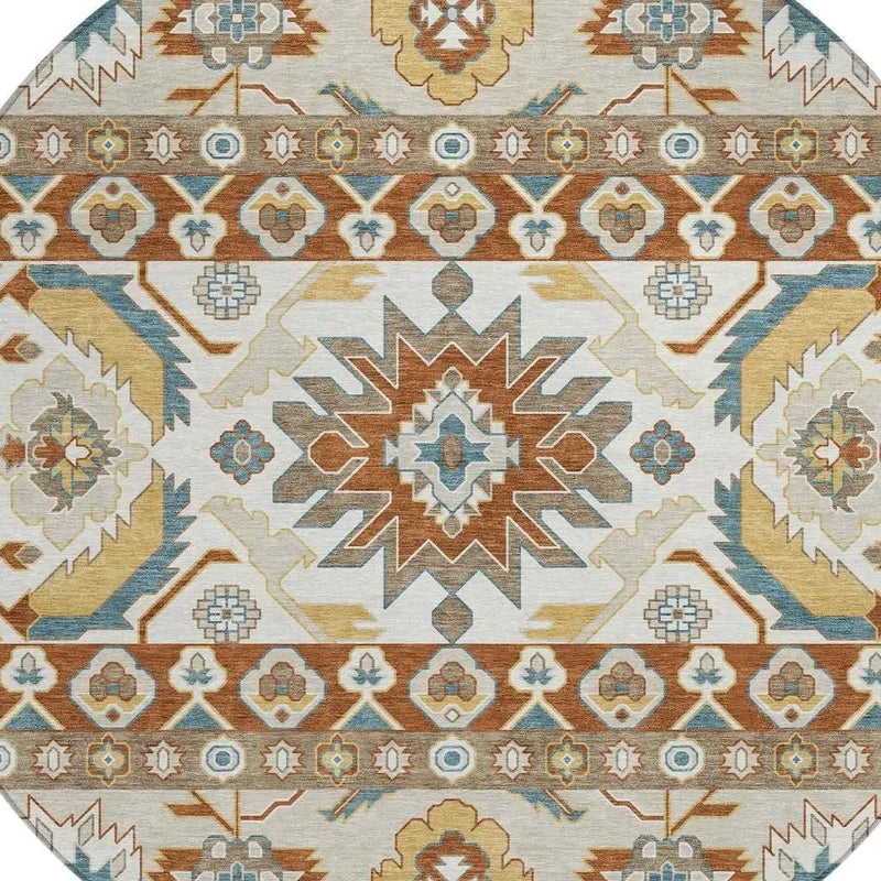 8' Orange And Gold Round Cactus Washable Indoor Outdoor Area Rug Homeroots Outdoor