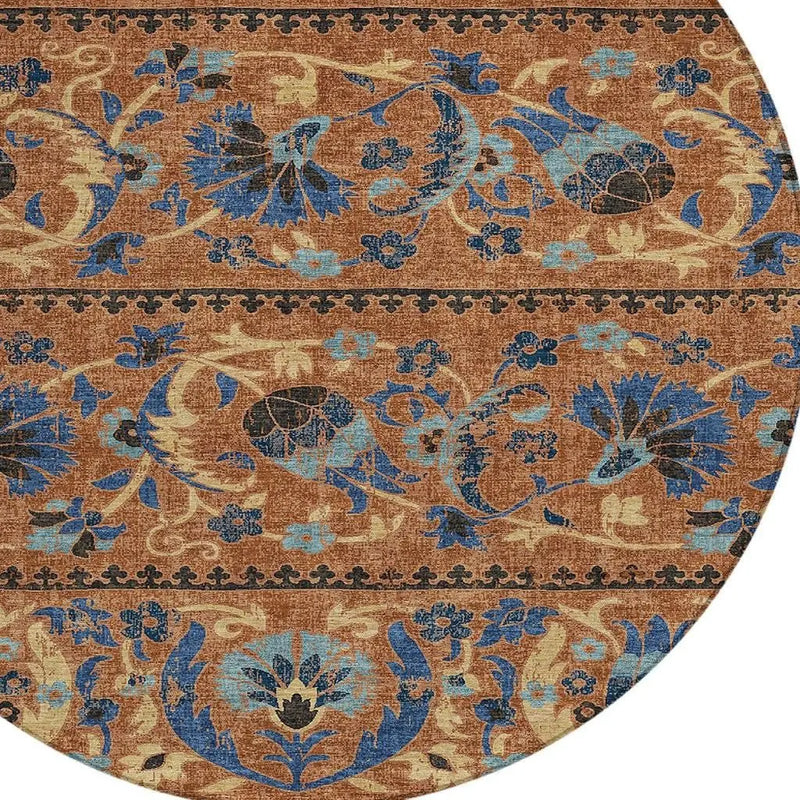 8' Orange And Gold Round Floral Washable Indoor Outdoor Area Rug Homeroots Outdoor