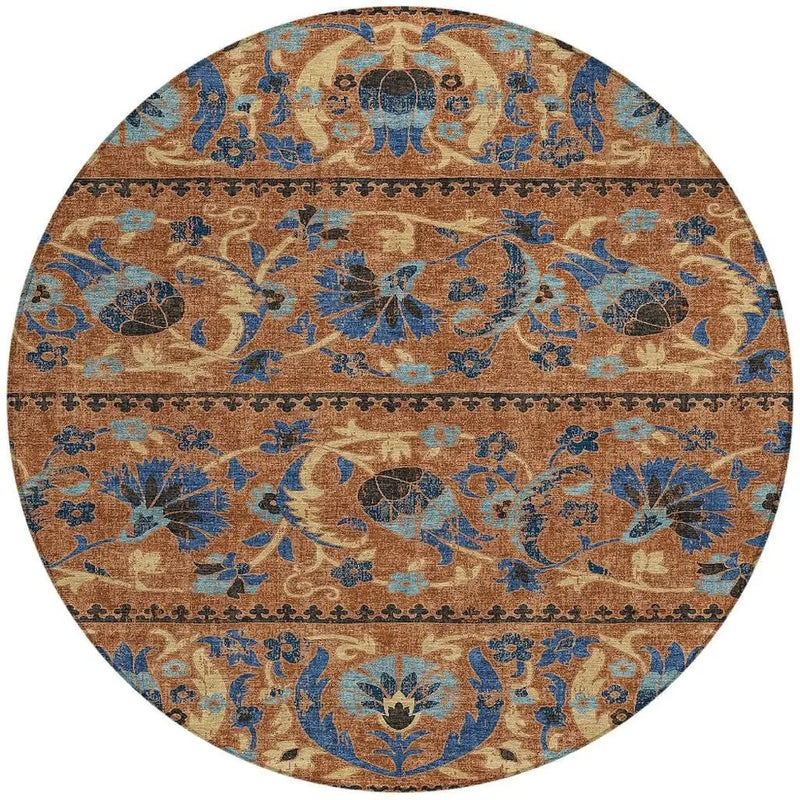 8' Orange And Gold Round Floral Washable Indoor Outdoor Area Rug Homeroots Outdoor