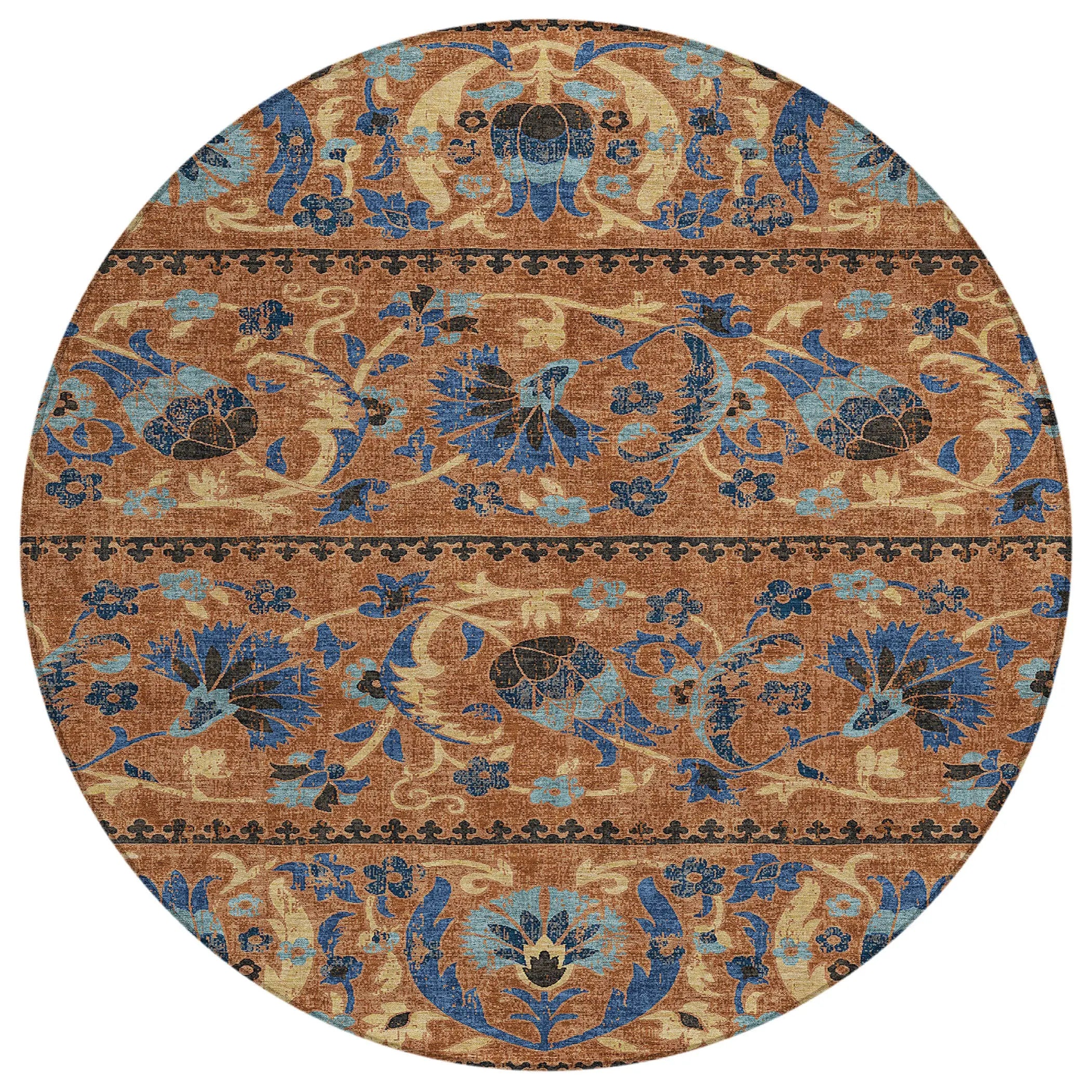 8' Orange And Gold Round Floral Washable Indoor Outdoor Area Rug Homeroots Outdoor