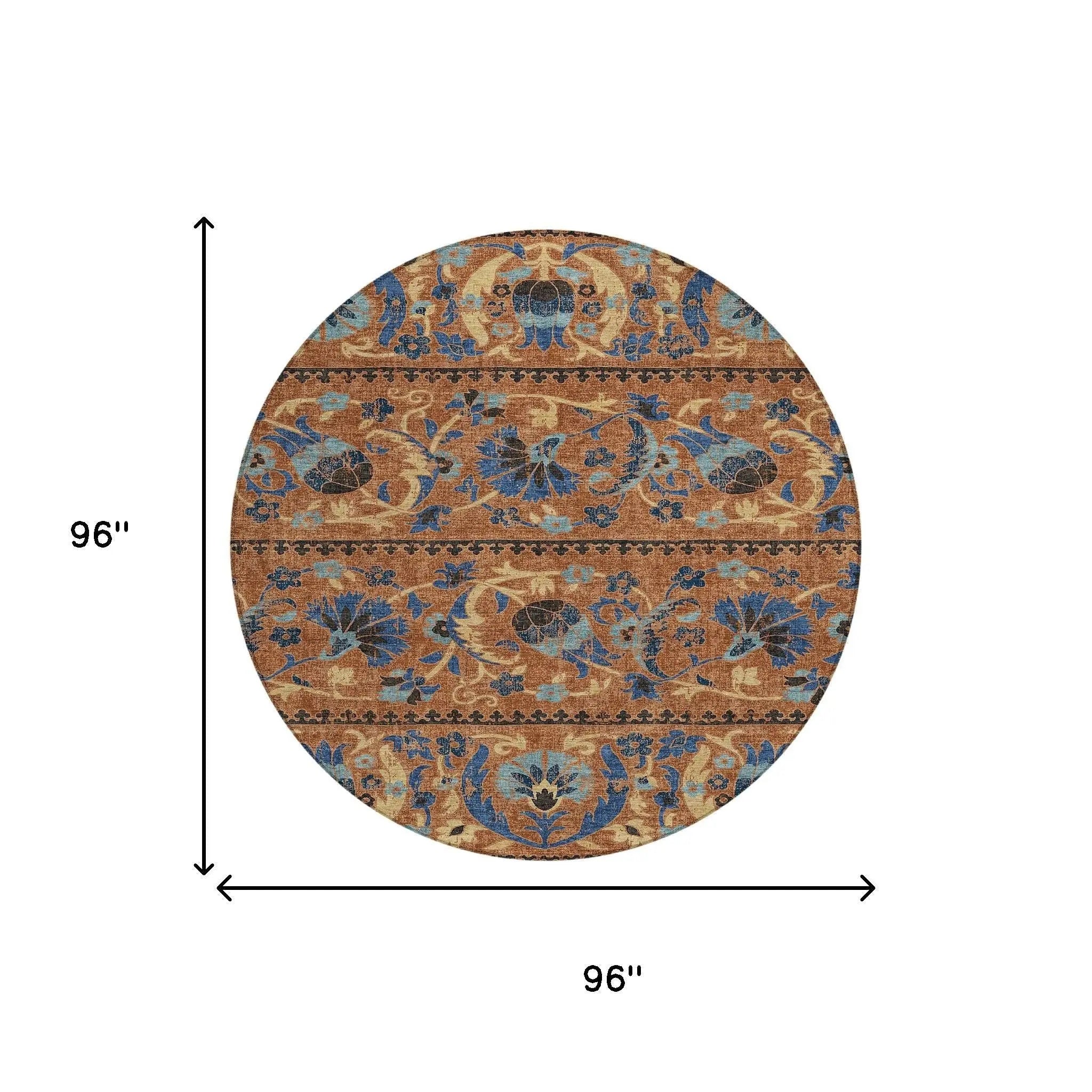 8' Orange And Gold Round Floral Washable Indoor Outdoor Area Rug Homeroots Outdoor