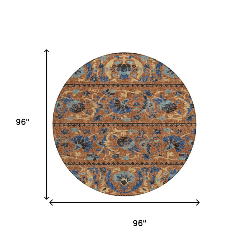 8' Orange And Gold Round Floral Washable Indoor Outdoor Area Rug Homeroots Outdoor