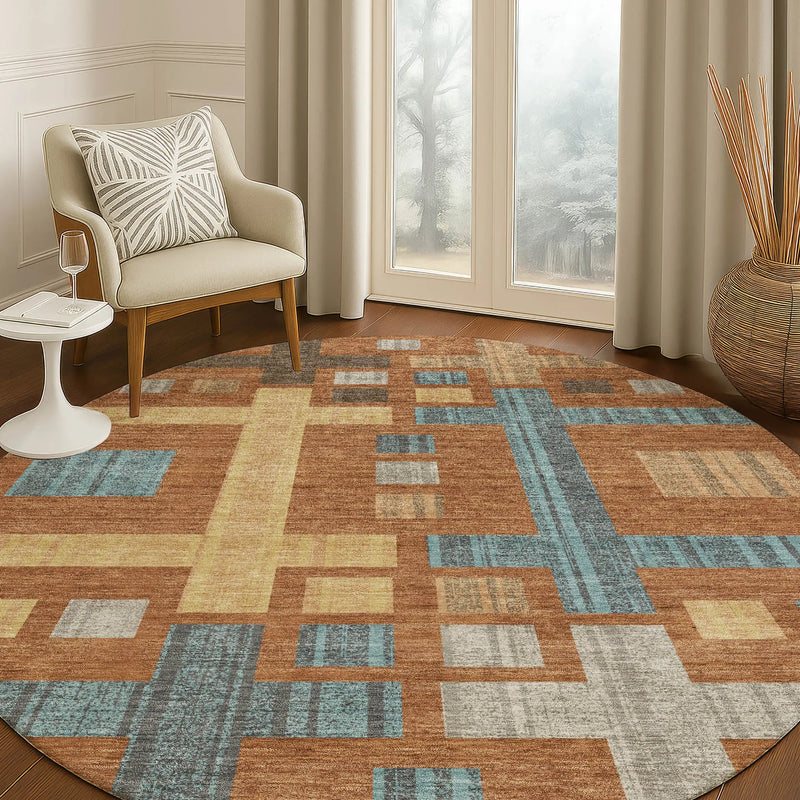 8' Orange And Gold Round Geometric Washable Indoor Outdoor Area Rug Homeroots Outdoor
