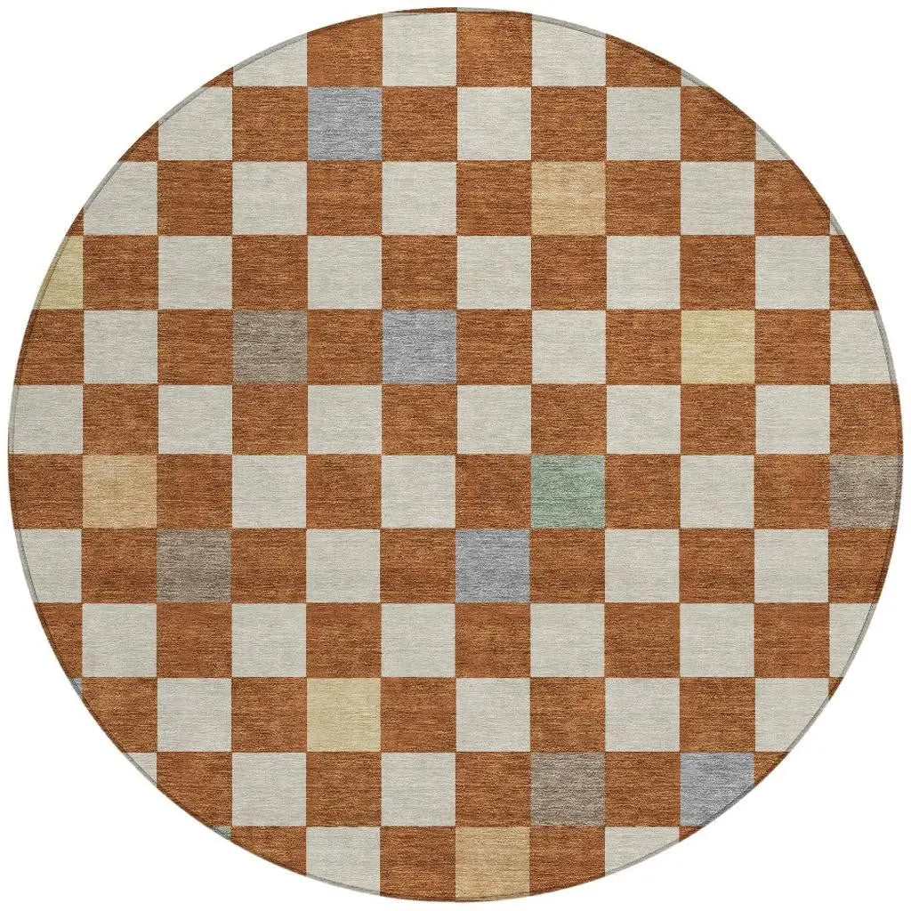 8' Orange And Gold Round Geometric Washable Indoor Outdoor Area Rug Homeroots Outdoor