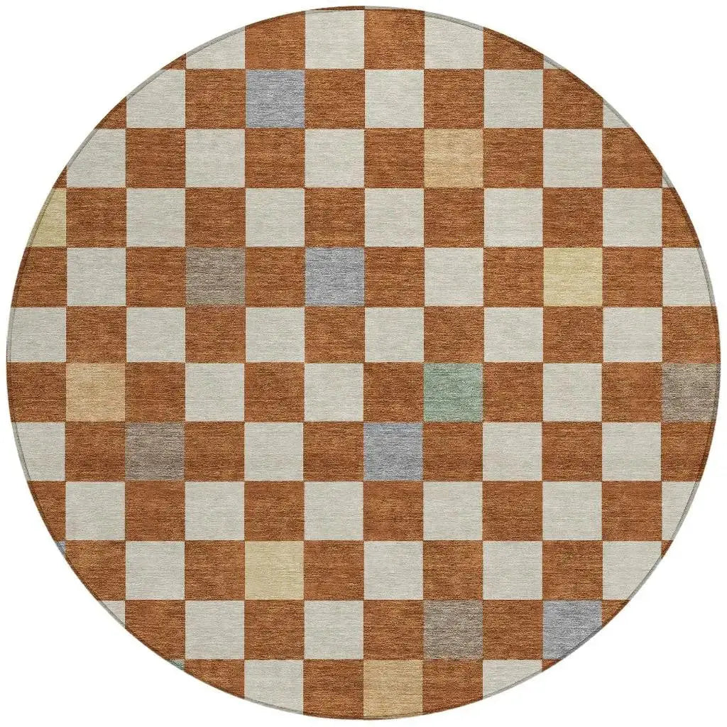 8' Orange And Gold Round Geometric Washable Indoor Outdoor Area Rug Homeroots Outdoor