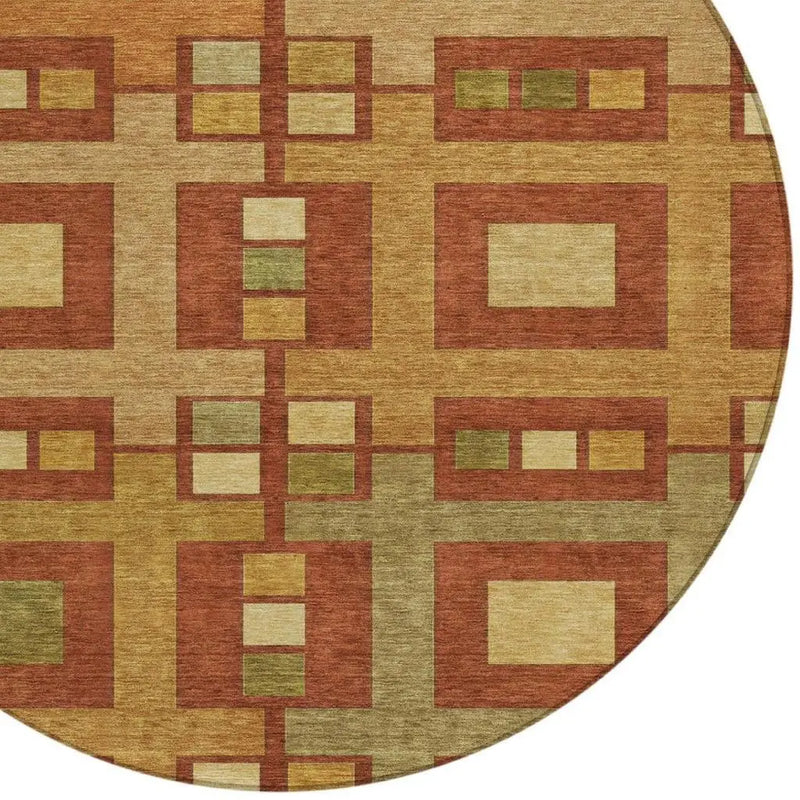 8' Orange And Gold Round Geometric Washable Indoor Outdoor Area Rug Homeroots Outdoor