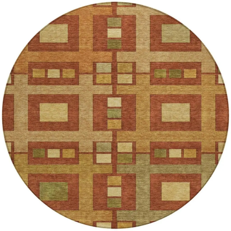 8' Orange And Gold Round Geometric Washable Indoor Outdoor Area Rug Homeroots Outdoor