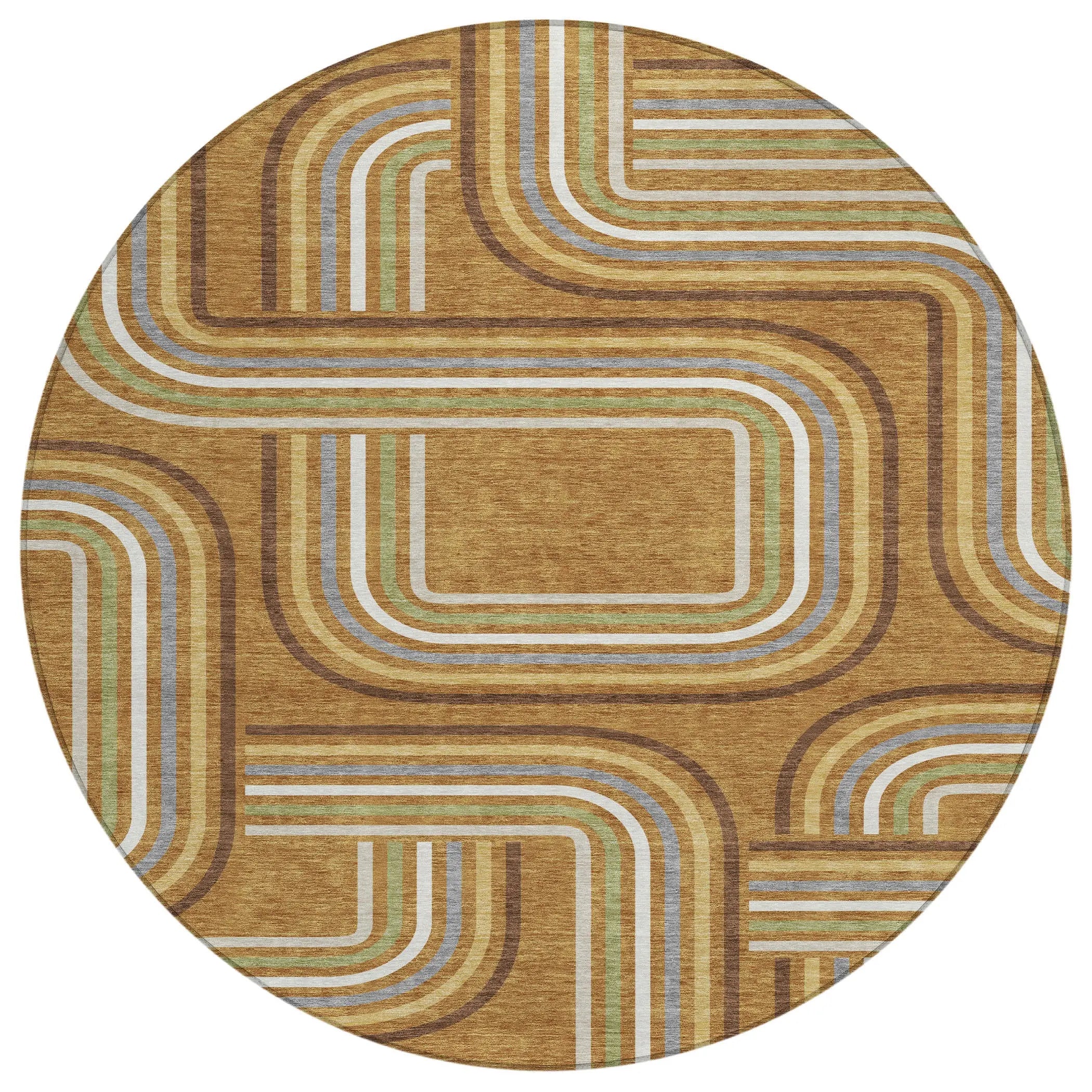 8' Orange And Gold Round Geometric Washable Indoor Outdoor Area Rug Homeroots Outdoor